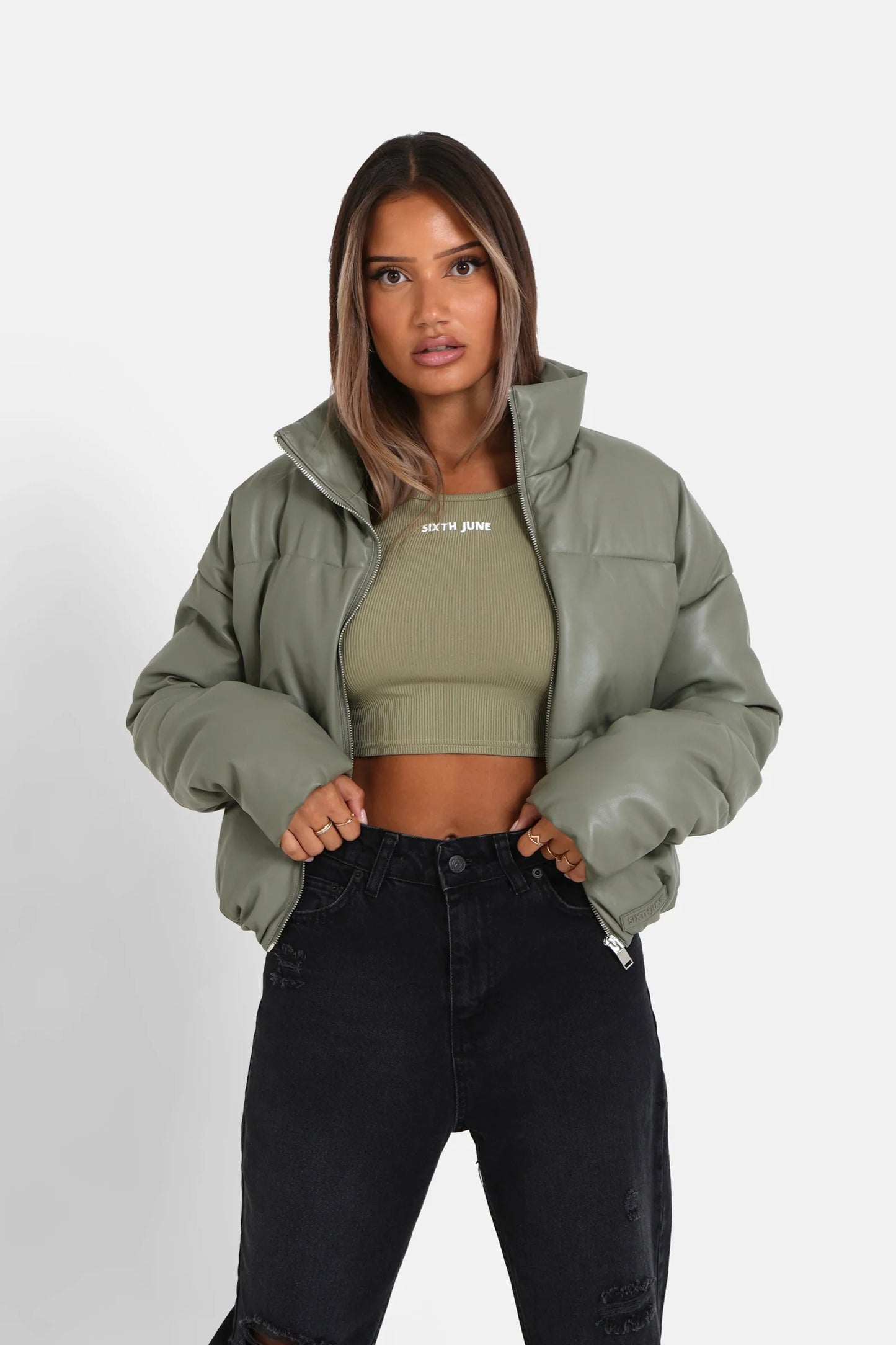 sixthjune Faux leather short puffer Green